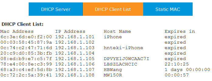 4.6 Server DHCP Cliccare Network Settings -> DHCP Server : Cliccare Network Settings -> DHCP Server -> DHCP Client List : Questa pagina è utilizzata per mostrare gli indirizzi DHCP dei client e le