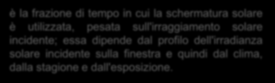 Apporti termici solari (UNI/TS 11300-1:2008) Gestione delle schermature mobili Il fattore di riduzione degli apporti solari relativo all'utilizzo di schermature mobili (F sh,gl ) è ricavato come: è