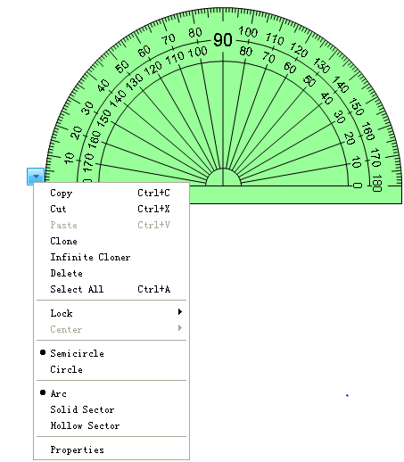 3. Fare clic su o clic destro sul goniometro per ottenere il menu qui sopra per la scelta di arco, settore pieno o settore vuoto e quindi utilizzare a mano libera gli strumenti di disegno o lo