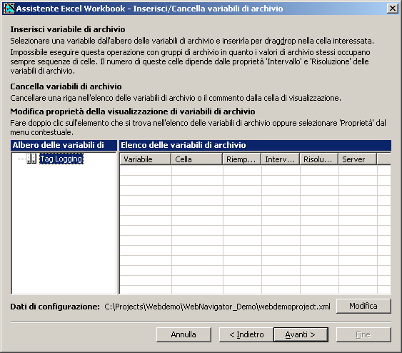 WinCC/DataMonitor Getting Started 3.5 Utilizzo di WinCC DataMonitor 11.Fare clic sul pulsante "Avanti >". Si aprirà la finestra di dialogo "Inserisci/cancella variabili di archivio". 12.