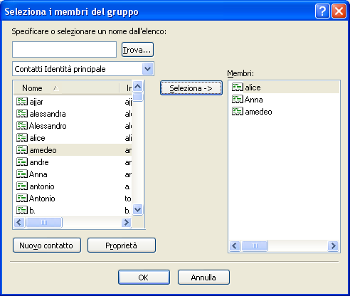 Figura 184-7 In Figura 184-7 numero tre contatti inclusi nell elenco e visibili nella finestra di dialogo sono stati designati quali elementi componenti il gruppo webteam europe.