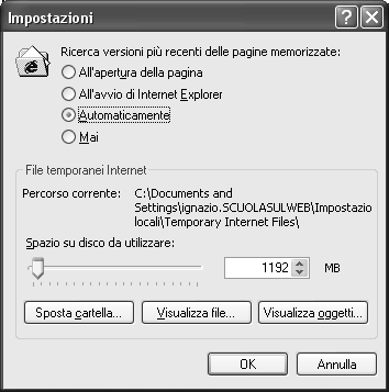 Figura 39-7 E evidente che maggiore è lo spazio sul disco rigido locale, riservato alla memorizzazione degli elementi contenuti nella pagine web, e maggiore è la quantità di pagine che è possibile