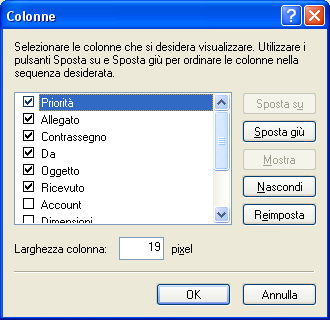 Figura 109-7 Continuando a descrivere le diverse modalità di visualizzazione dell ambiente di lavoro di Microsoft Outlook, aprendo il menù di Visualizza e facendo click su Colonne (Figura 105-7) si