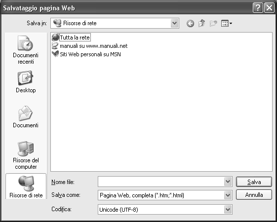o o la casella Nome file, in cui l utente può digitare il nome da assegnare alla pagina web; normalmente Explorer propone un nome, ma l utente può cambiarlo ponendone uno proprio; La casella Salva