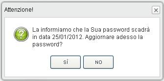 Premendo il tasto SI viene presentata una maschera per l aggiornamento della password contenente tre caselle di testo per inserire la vecchia password, la nuova password e la conferma della nuova