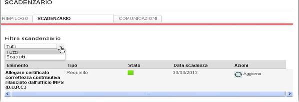 Nella tendina Filtra scadenzario sono presenti due criteri di ricerca: Tutti: Selezionando questo criterio il sistema mostra tutti gli allegati sia scaduti che in scadenza.