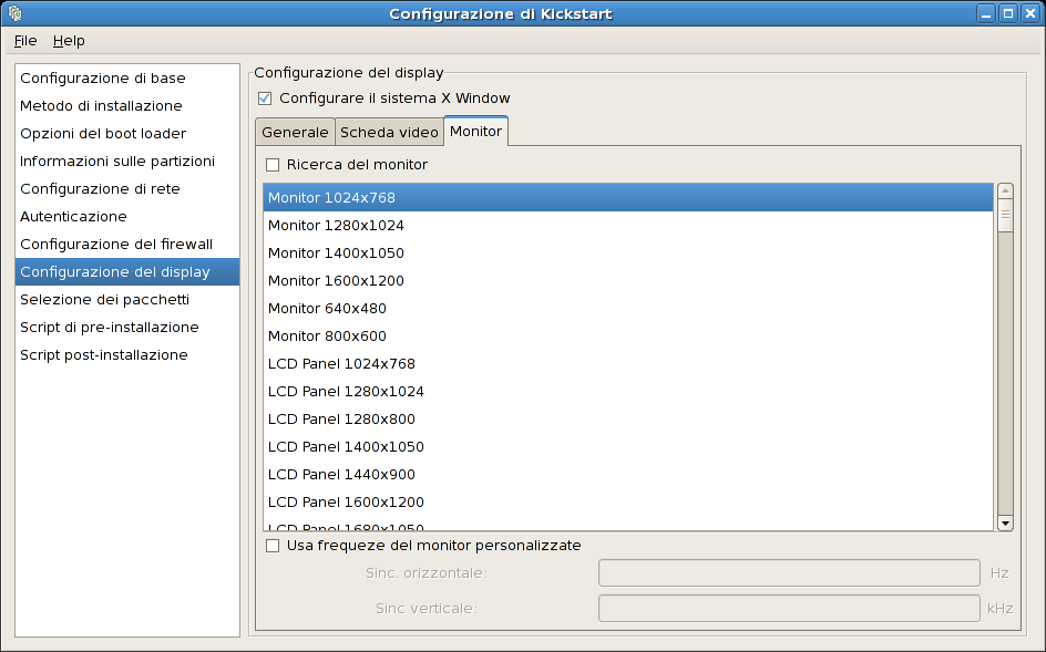 Capitolo 29. Kickstart Configurator Figura 29.12. Configurazione di X - Scheda video 29.8.3. Monitor After configuring the video card, click on the Monitor tab as shown in Figura 29.