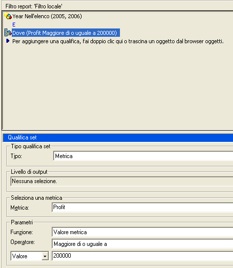 In seguito si passa alla definizione dei filtri di visualizzazione che avevamo precedentemente indicato: ci interessa visualizzare solo i dati relativi a vendite con profitti superiori ai 200.
