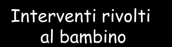 Interventi rivolti al bambino Psicoeducazione e Sportivomotorio Obiettivi modificare l accettabilità sociale del disturbo favorire la comprensione delle caratteristiche del soggetto migliorare il