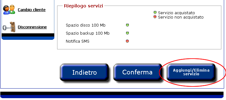 4.4.2 Aggiunta o eliminazione servizio Una volta visualizzato il dettaglio della casella e' possibile aggiungere o eliminare uno o più servizi della casella visualizzata.