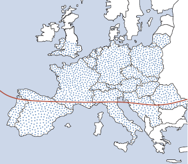 Figura 2a: Rhipicephalus sanguineus è una zecca che si osserva soprattutto nel Sud Europa: infatti la aree al disotto della linea rossa sono quelle dove si