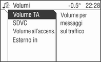 94 Introduzione Le seguenti voci del menu sono disponibili sul display Volumi: Volume TA: volume: dei notiziari sul traffico SDVC: Comando della compensazione del volume in funzione della velocità