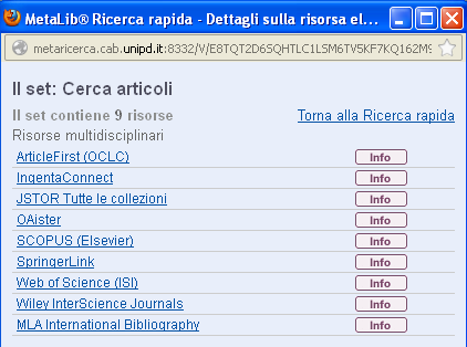 Multiricerca Multiricerca è un motore di ricerca gestito dal software Metalib che consente di svolgere ricerche simultanee in diversi tipi di risorse (banche dati, periodici