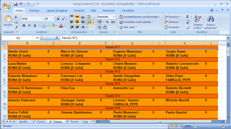 Il risultato dell'eventuale selezione del check Stampa al momento della generazione del sorteggio è un file pdf con lo stesso nome del foglio xls ed un progressivo relativo al numero di Turno,