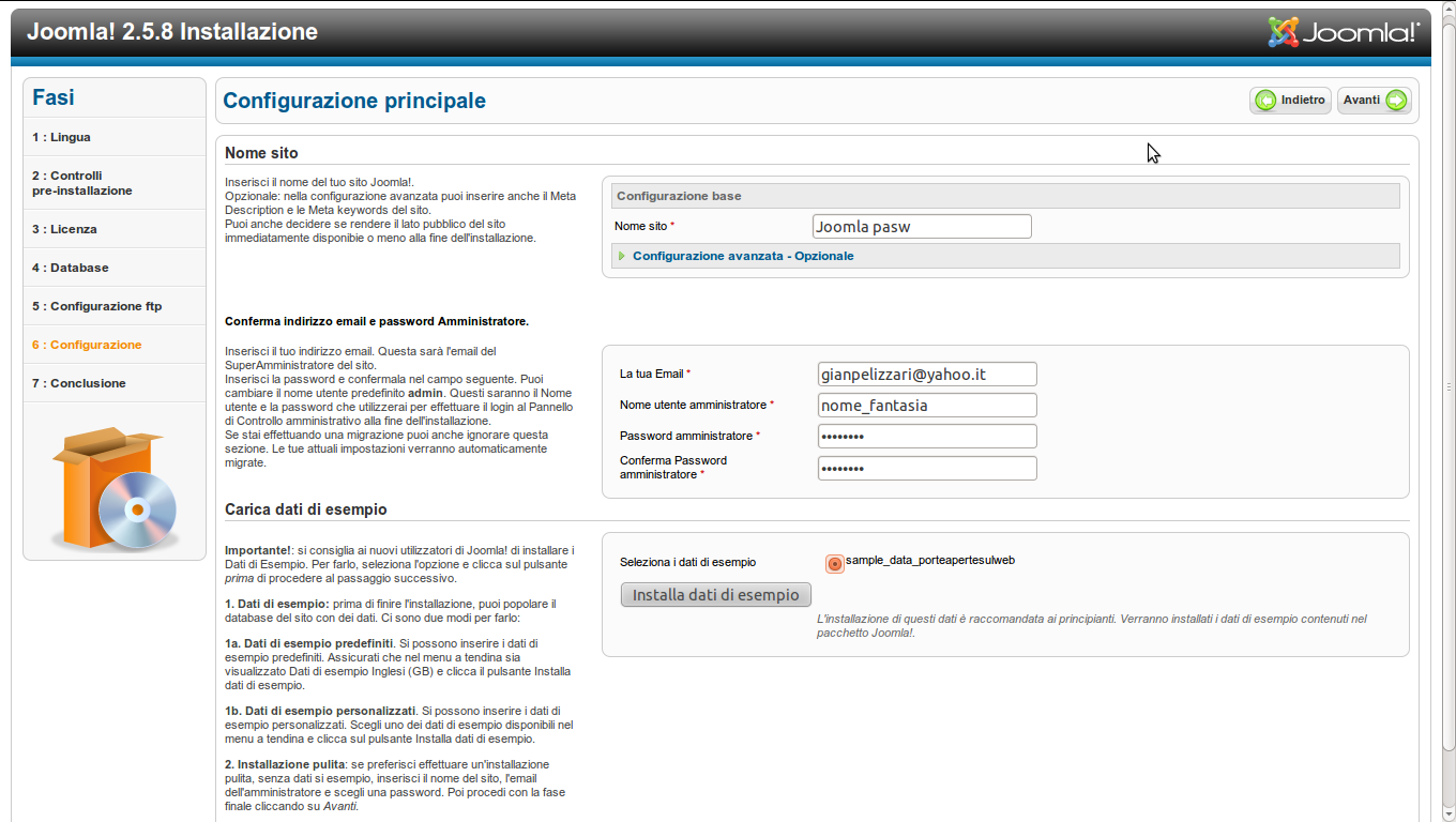 Procedura automatica installazione 5 ) Configurazione FTP Questa fase è facoltativa e si consiglia pertanto di saltarla cliccando su avanti 6 ) Configurazione principale Nella sezione "Nome Sito"