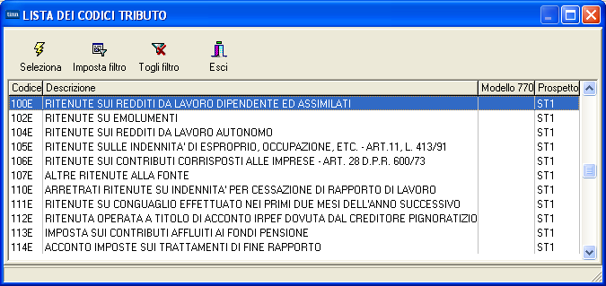 Importazione e trattamento Dati F24 Tabella Codici Tributo Campo Codice Tributo Modello 770 (Semplificato) (Ordinario) Prospetto Descrizione Sono presenti vari codici tributo pubblicati dall Agenzia