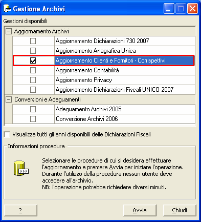 del file conseguenti a modifiche apportate al programma; Sblocco Utenti (versione Access e SQL): consente di sbloccare eventuali utenti che risultano connessi al