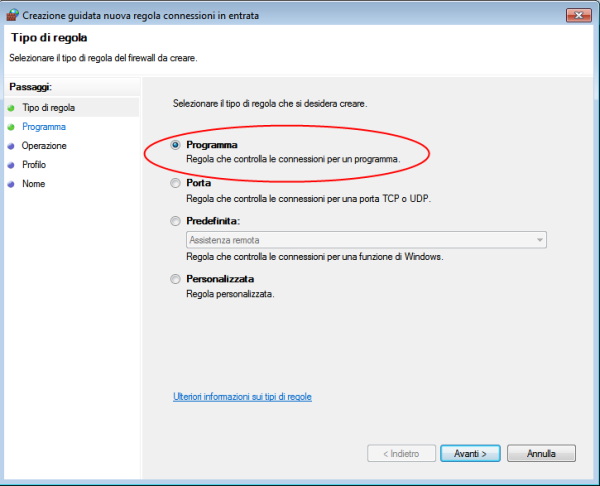 CREAZIONE REGOLA SQL SERVER Da Regole connessioni in entrata richiamare