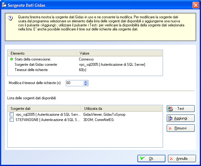 Questa finestra mostra la sorgente dati Gidas in uso e ne consente la modifica.