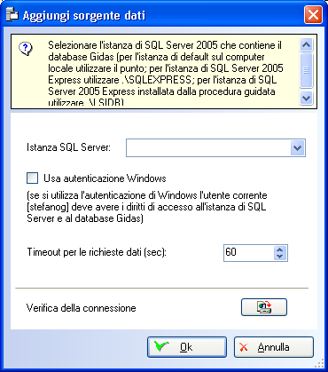 Indicare l istanza di SQL Server alla quale collegarsi e verificare la connessione con il pulsante. La lista mostra solo le istanze presenti nel computer locale.