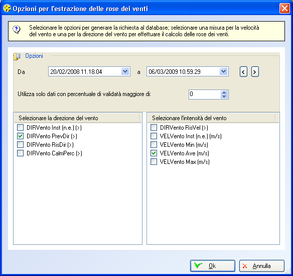 Questa finestra consente di selezionare l intervallo temporale per l estrazione dei dati e i due canali di direzione e intensità del vento da utilizzare