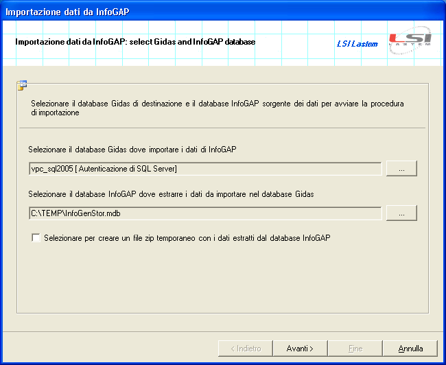 E necessario specificare il database Gidas di destinazione e il database InfoGAP origine dei dati; è inoltre possibile salvare i dati anche in un file di archivio che ha lo stesso formato utilizzato