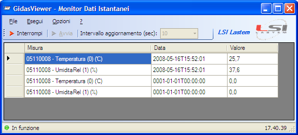 Questo programma visualizza gli ultimi dati istantanei memorizzati nel database per il rilievo o la vista personalizzata selezionata.