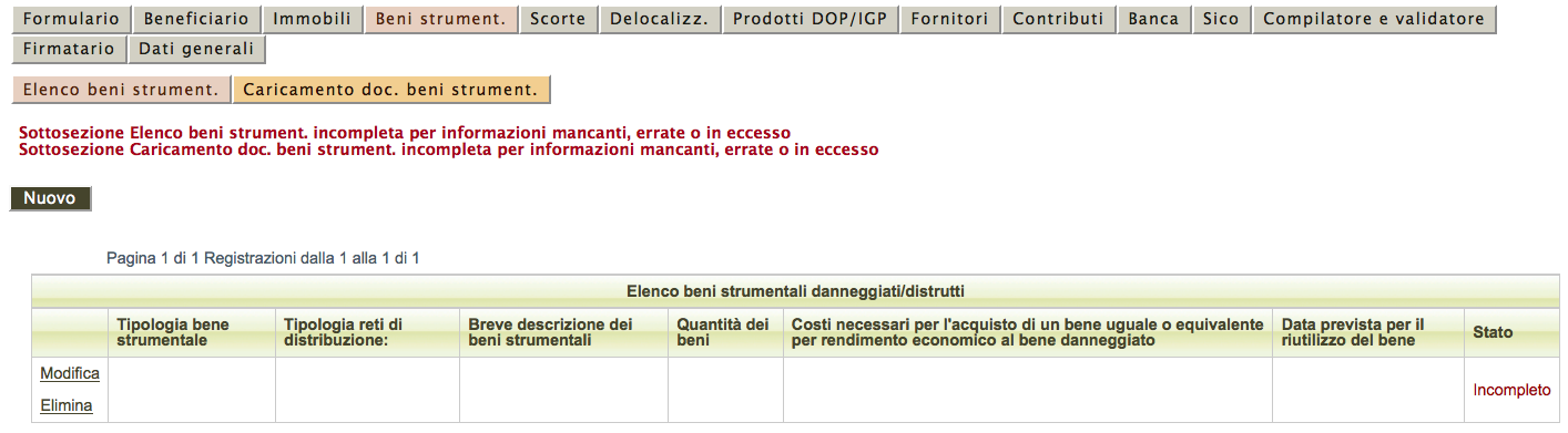 schermata Sezioni della domanda alla voce Interventi di riparazione e/o riacquisto dei beni mobili strumentali (b) la procedura visualizza lo stato (Completo). 3.5.1.