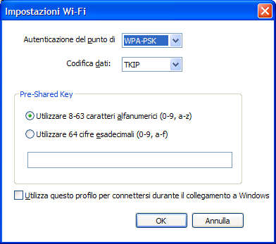 Utilizzo di Wi-Fi Protected Access - Pre-Shared Key (WPA-PSK) Se si seleziona Utilizza chiave WPA-PSK per il tipo di sicurezza wireless, viene visualizzata la finestra WPA-PSK.