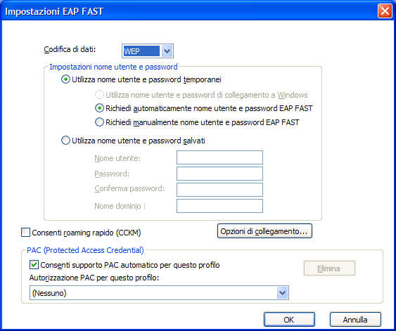Utilizzo di 802.1- Cisco (EAP-FAST) Se si seleziona la modalità EAP Cisco (EAP-FAST), è possibile configurare un ID utente e una password per l utilizzo di questa modalità di sicurezza.