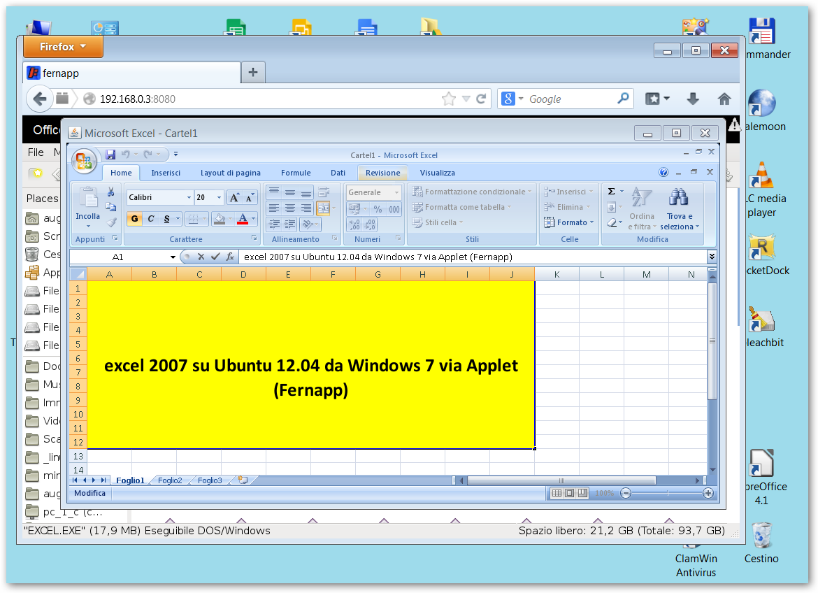 una volta avviato excel (dentro un'applet) possiamo