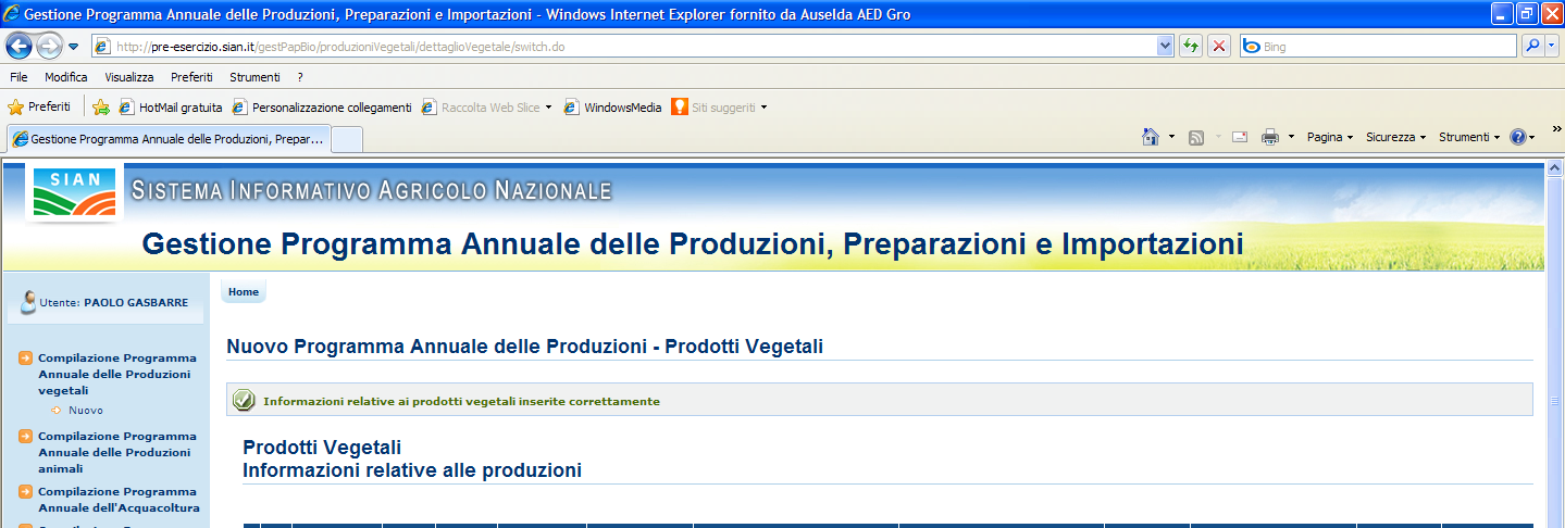 Figura 18: Inserimento nuovo Programma Annuale delle Produzioni Vegetali Consociazione - Messaggio di errore Una volta inserite tutte le informazioni richieste per il dettaglio delle colture l utente