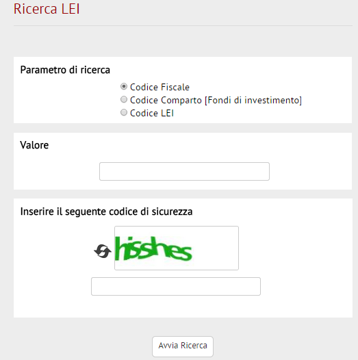 Il form di ricerca presentato è il seguente: Il form rende possibile la ricerca con i seguenti parametri: codice fiscale dell'impresa a cui è assegnato il codice Lei; codice comparto del fondo a cui