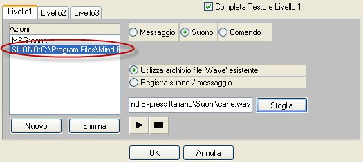 Mind Express 46 6. Rimanere al livello1 e click sul pulsante Nuova Azione. La cella cane ora contiene due azioni al livello 1. 8. Click su OK. 9. Scegliere Modalità > Mouse. 10.