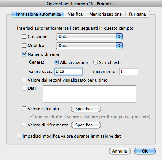 Capitolo 3 Creazione di database 72 5. Nella finestra di dialogo Opzioni per il campo, fare clic sulla scheda Immissione automatica quindi selezionare le opzioni per il campo.