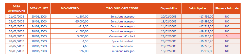 Inserimento movimenti conto corrente Nel foglio MOVIMENTI, se si è selezionata l opzione GIORNALIERA come tipologia di analisi, è necessario inserire tutti i movimenti del conto corrente.