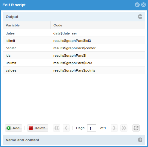 Figura 5.1.2: Modifica di un programma R Figura 5.1.3: Modifica degli output di un programma R L editing avviene tramite il form mostrato in Fig. 5.1.2. Qui l utente ha la possibilità di variare nome e descrizione dello script e di inserirne il codice R associato.