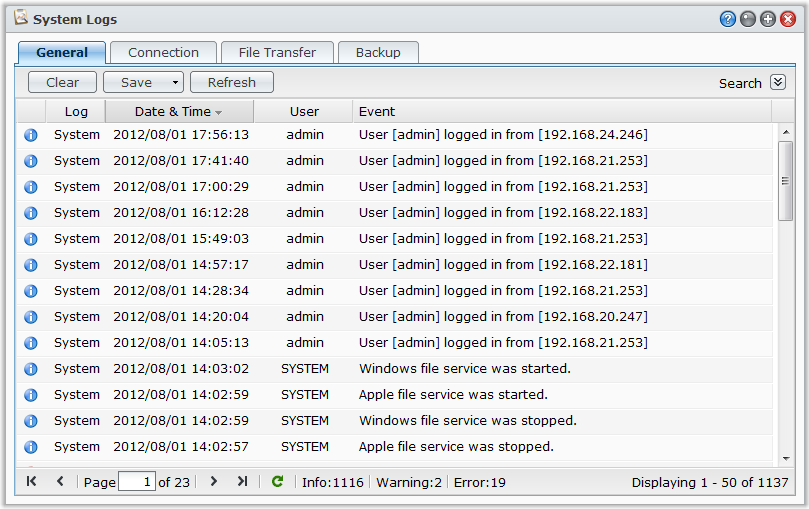 Rapporto 1 Guida dell utente di Synology RackStation Nella scheda Rapporto, è possibile raccogliere i dati e generare i rapporti che forniscono le informazioni relative agli andamenti di utilizzo del