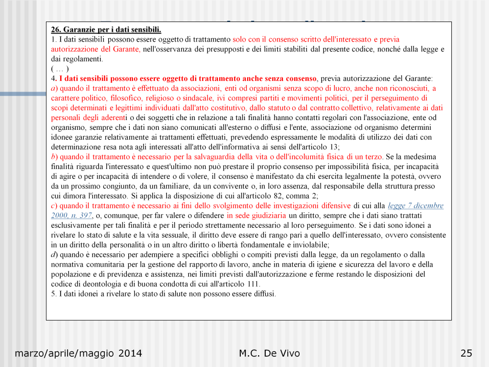 I dati sensibili sono regolamentati nell articolo 26 del Codice della privacy.