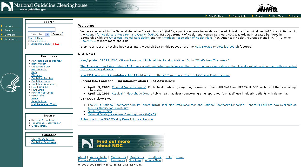 Le Linee Guida: Stati Uniti National Guideline Clearinghouse Tipologia: Base dati di Linee guida cliniche basate sull evidenza. Accesso: Libero e gratuito. Lingua: Inglese.