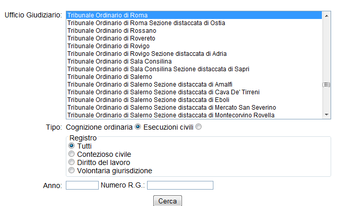 Selezionare un Tribunale, una sezione Tipo e compilare almeno il campo Anno per