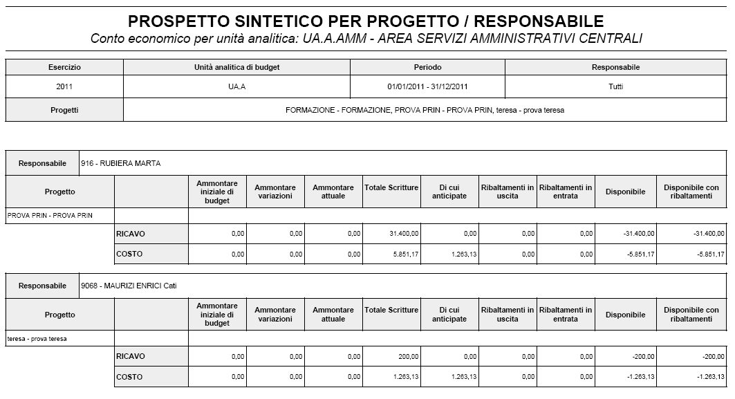 Report sintetico per progetto