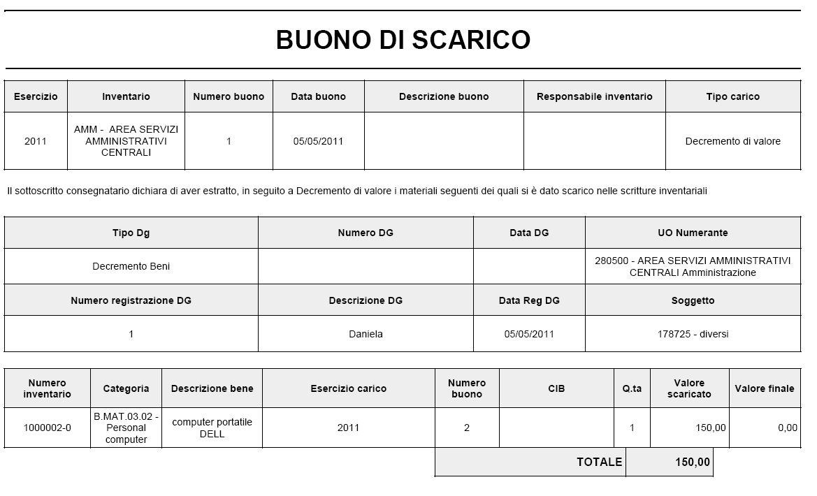 Stampa del buono di scarico