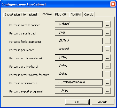 Configurazione generale Permette di impostare le cartelle di lavoro e la modalità di lancio dell ottimizzatore di taglio.