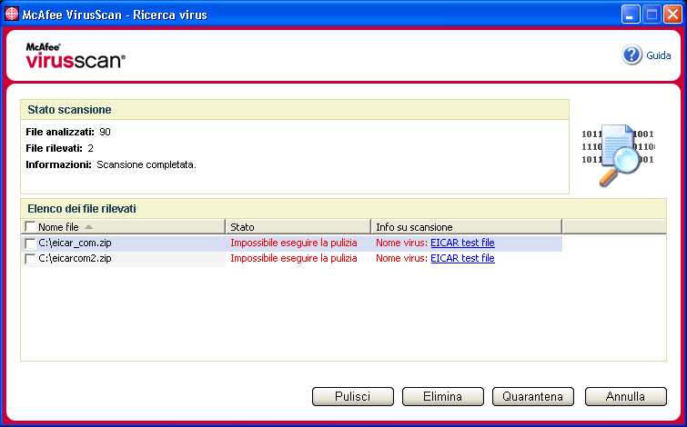 McAfee VirusScan 5 Fare clic su OK per chiudere il riepilogo e visualizzare l'elenco dei file rilevati nella finestra di dialogo Ricerca virus (Figura 2-10). Figura 2-10.