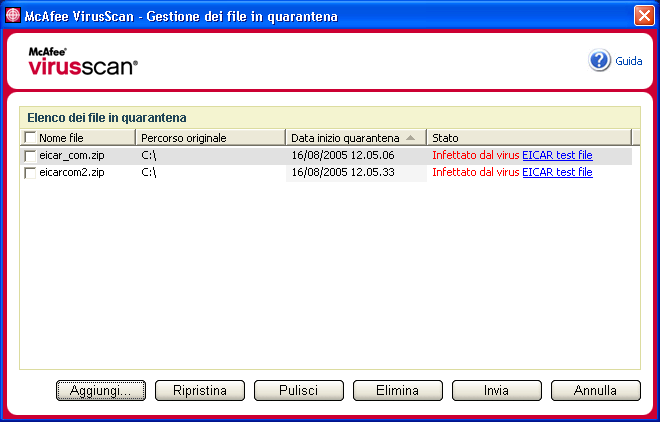 Gestione dei file in quarantena Verrà visualizzato un elenco di file in quarantena (Figura 2-12). Figura 2-12.