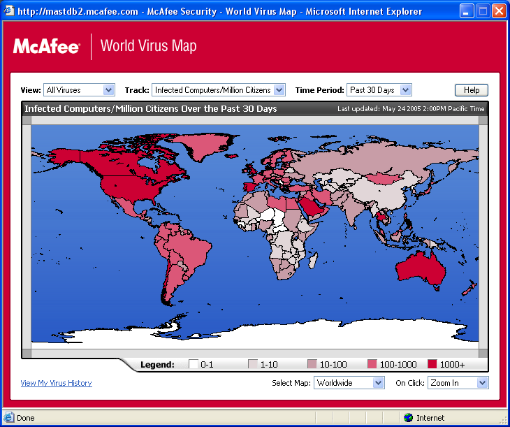 McAfee VirusScan Visualizzazione della World Virus Map Indipendentemente dalla partecipazione al programma di segnalazione alla World Virus Map, è possibile visualizzare le informazioni più recenti