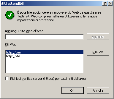 Nel caso l indirizzo non fosse presente, scrivere nel campo Aggiungi il sito web all area l indirizzo di accesso al CRM, togliere la spunta per!