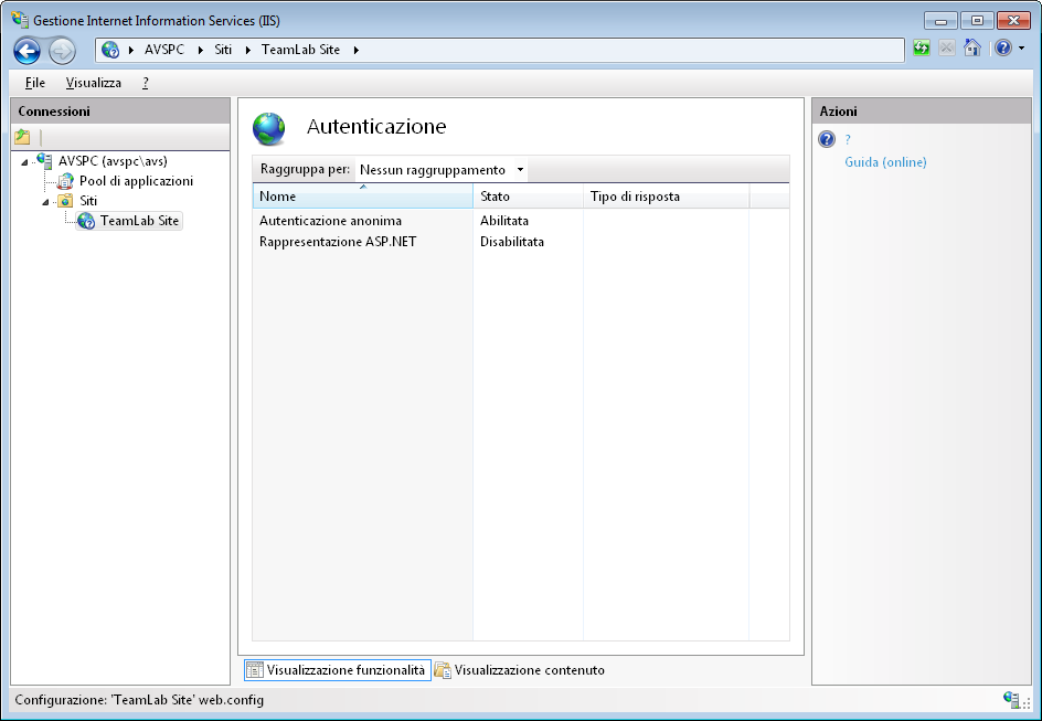 Soluzione: Apri gli Strumenti di amministrazione del Pannello di controllo, segui Gestione Internet Information Services (IIS) -> Siti -> TeamLab Site -> Autenticazione ed assicurati che l'opzione