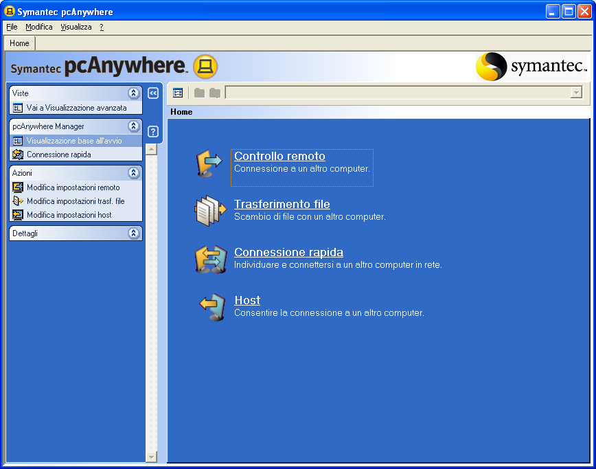 32 Navigazione in Symantec pcanywhere Selezione di una modalità di visualizzazione in Symantec pcanywhere Visualizzazione avanzata Visualizzazione avanzata consente di accedere alle opzioni e agli